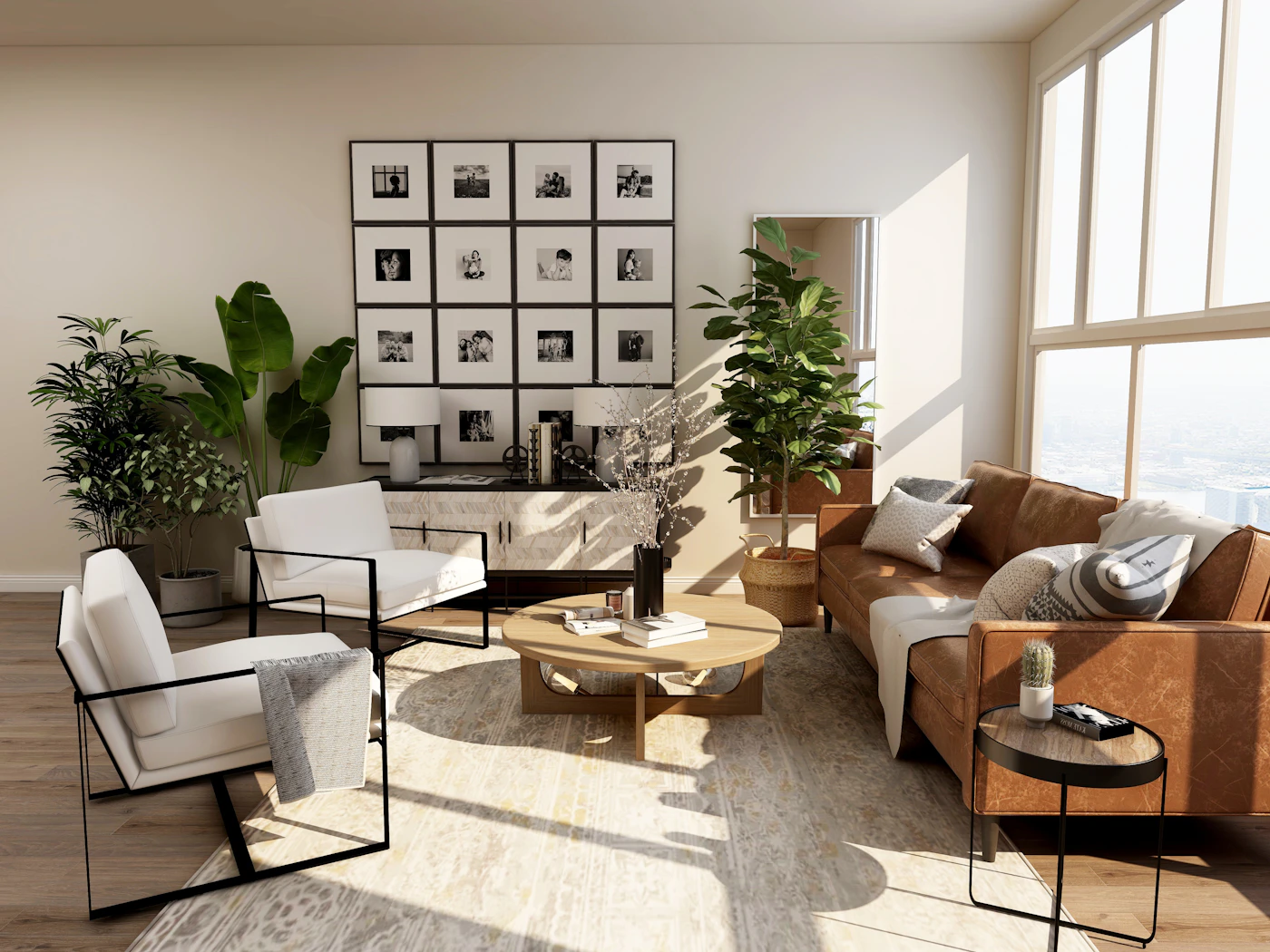 Sunlit living room with framed photographs, plants, a sofa and a coffee table