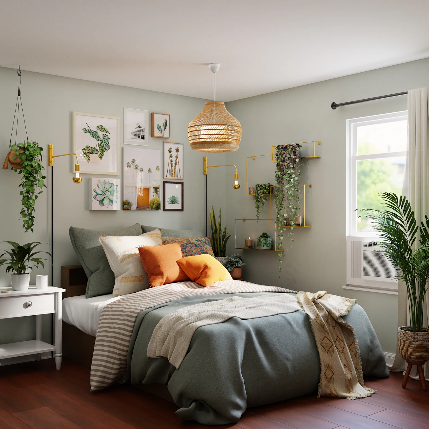 Bedroom with layered bedding, cushions, plants and a pendant light