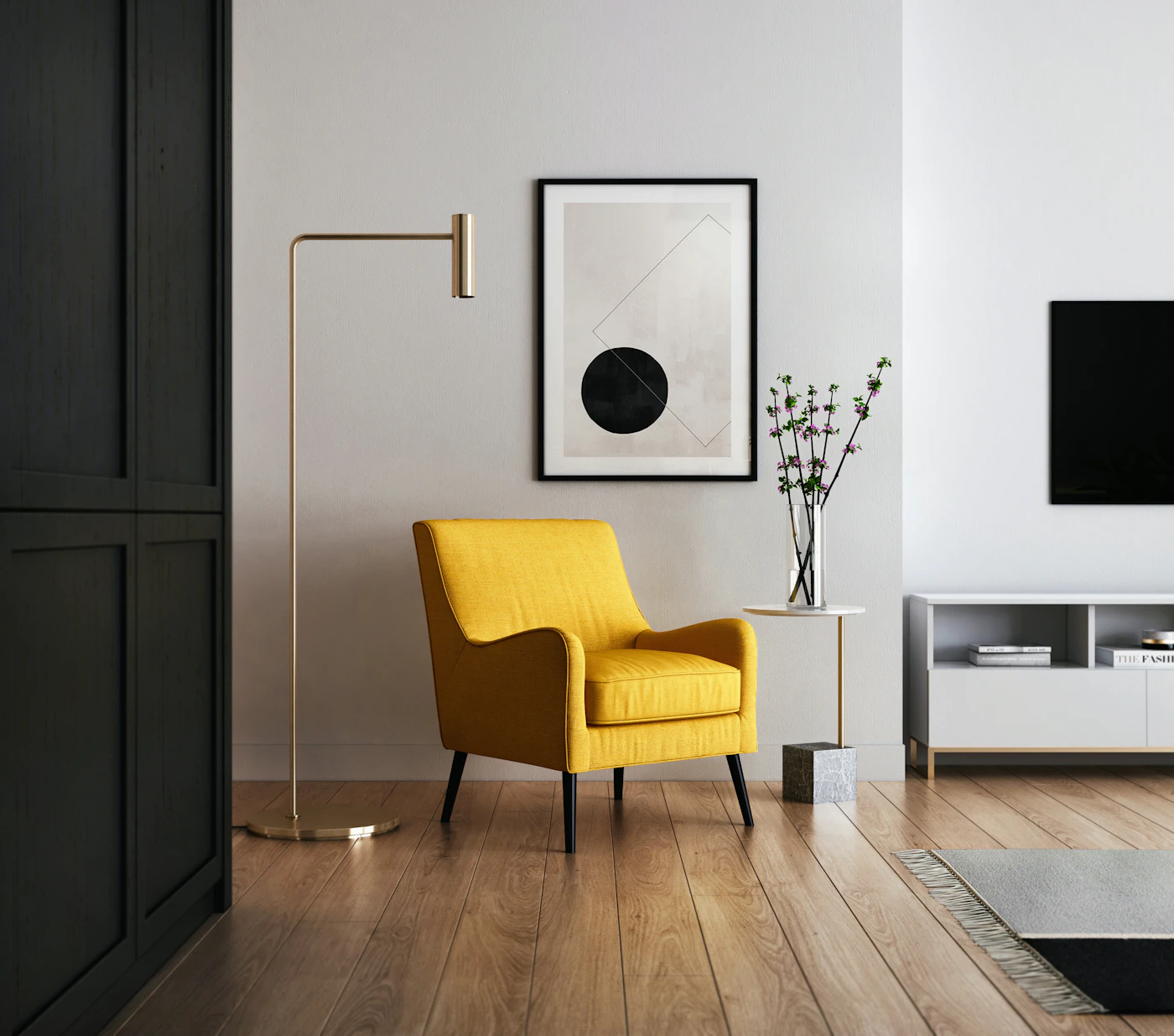 Yellow lounge chair and a floor lamp on a light rug